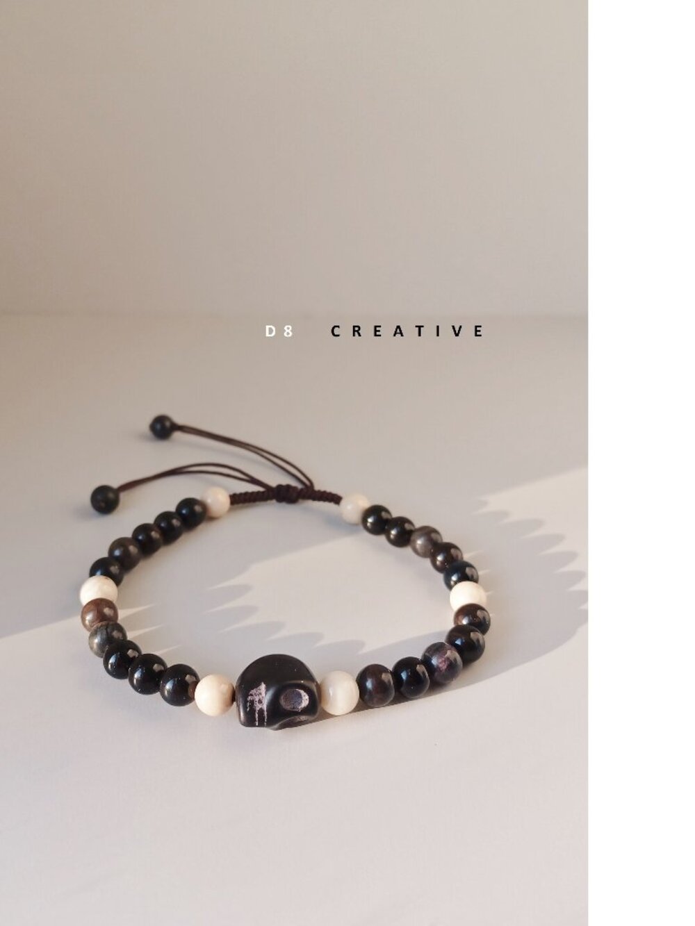 Men's natural black obsidian stone& Black onyx skull hand woven bracelet